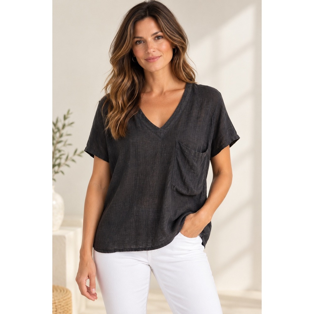 Next N.82 V-Neck T-Shirt Womens 6 Black Excellent 100% Linen C37-707-143